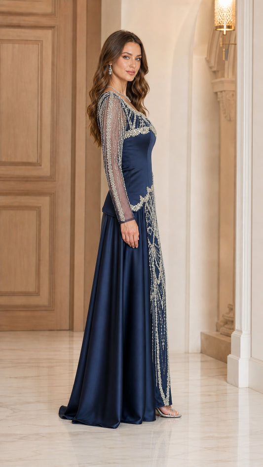 Side profile of Navy Blue embellished evening dress with sheer long sleeves