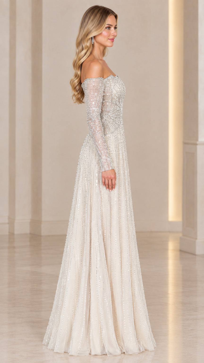 Side profile of elegant champagne embellished A-line formal maxi dress