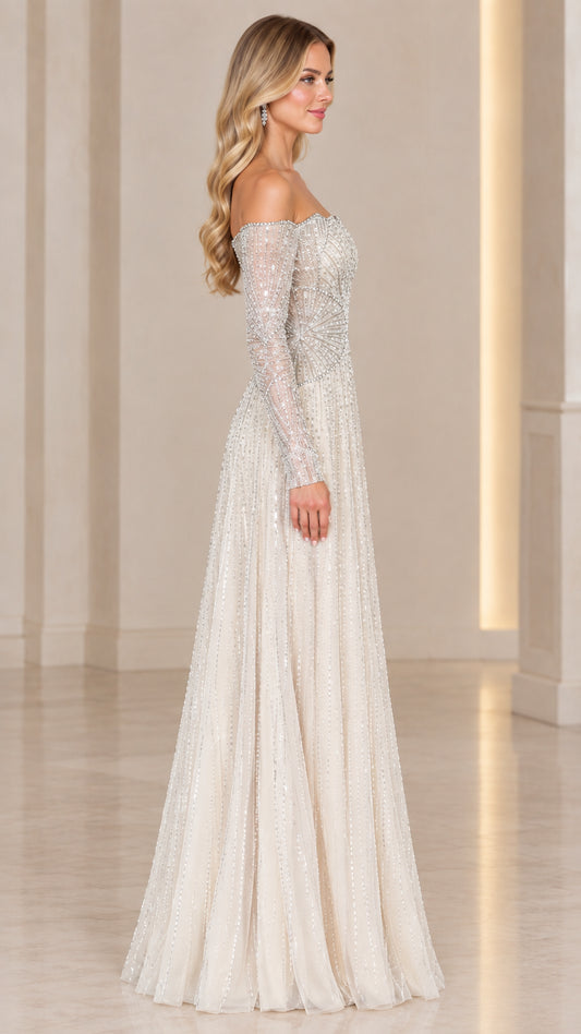 Side profile of elegant champagne embellished A-line formal maxi dress