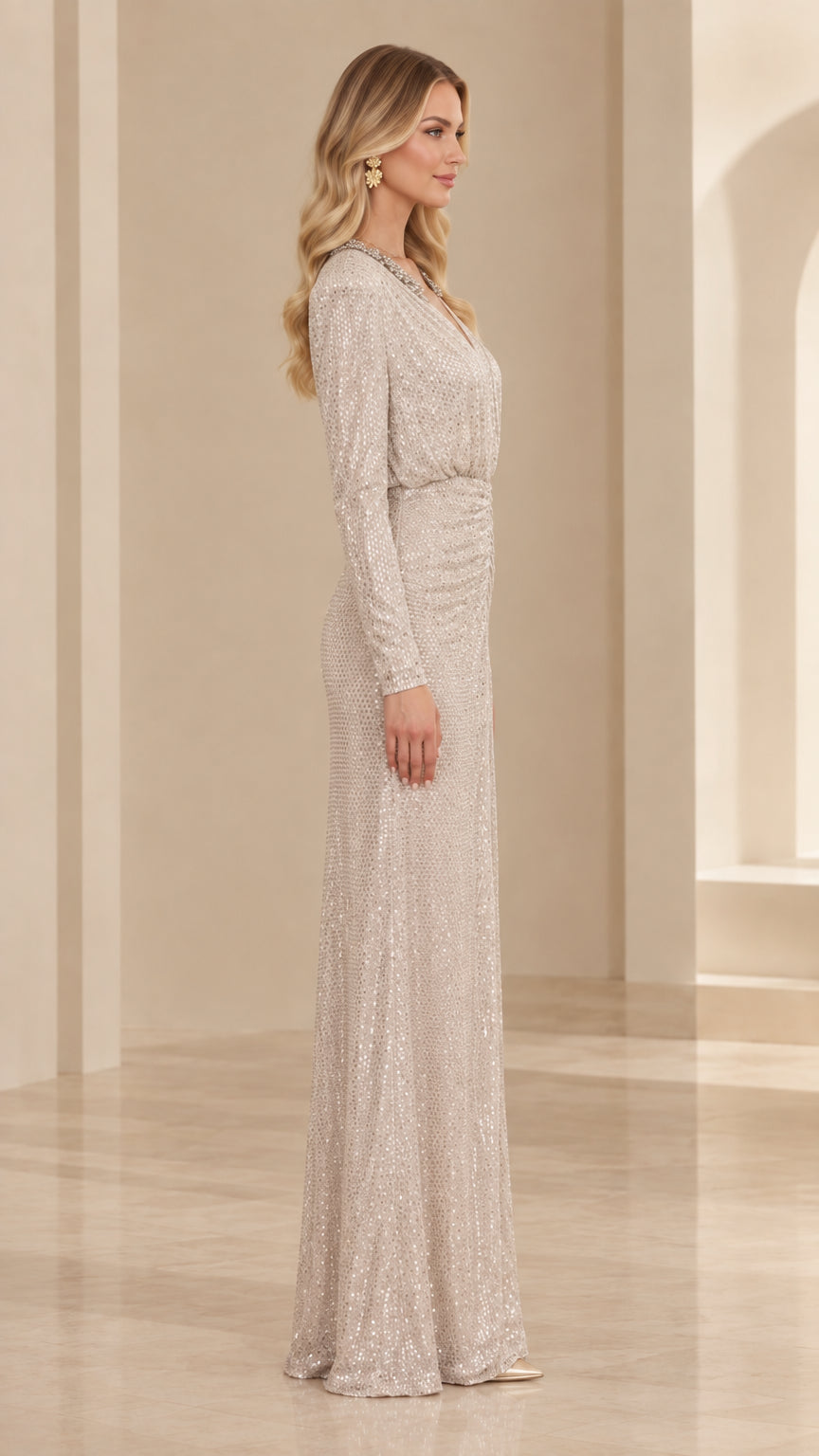 Champagne beaded sequin formal dress side profile view