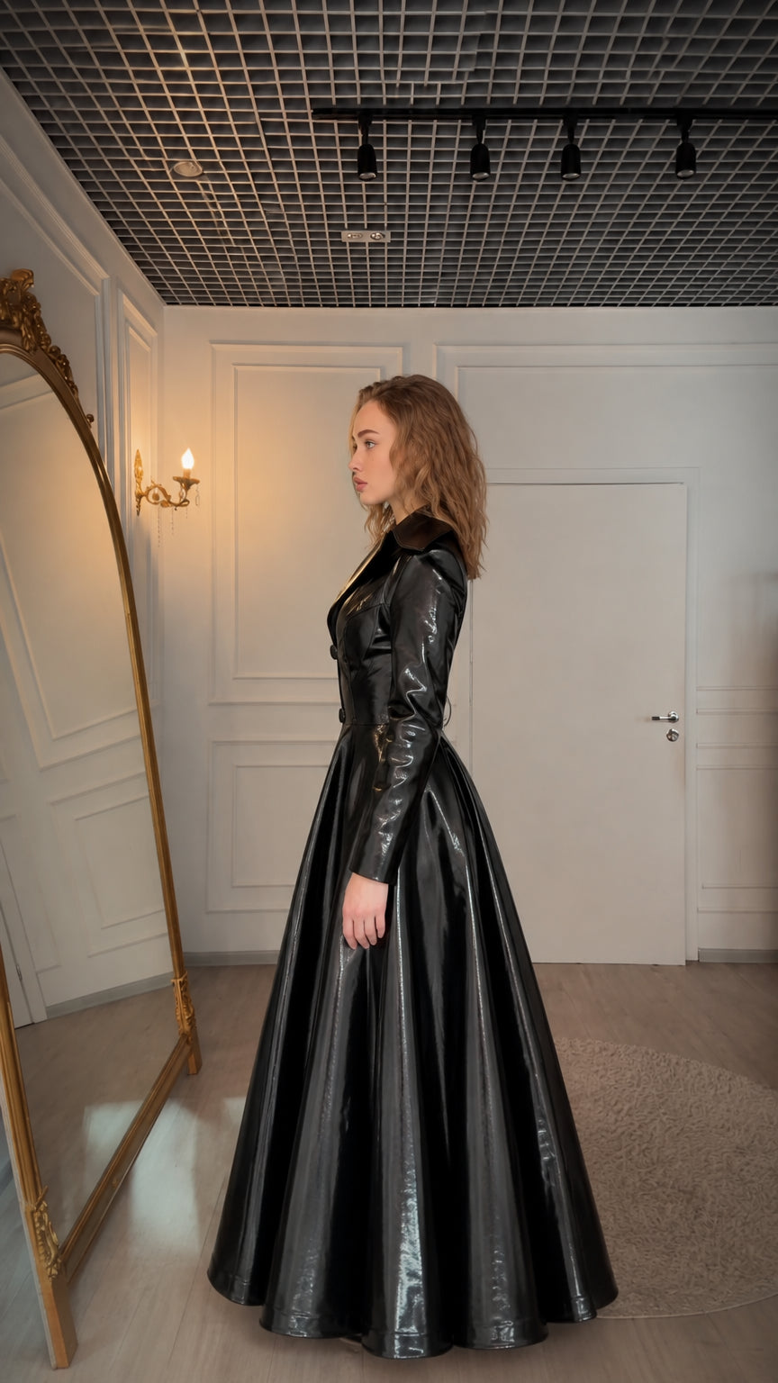 Side profile view of glossy black maxi coat dress showing voluminous skirt