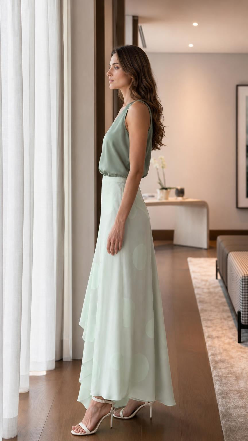 Model in sage green set side profile view