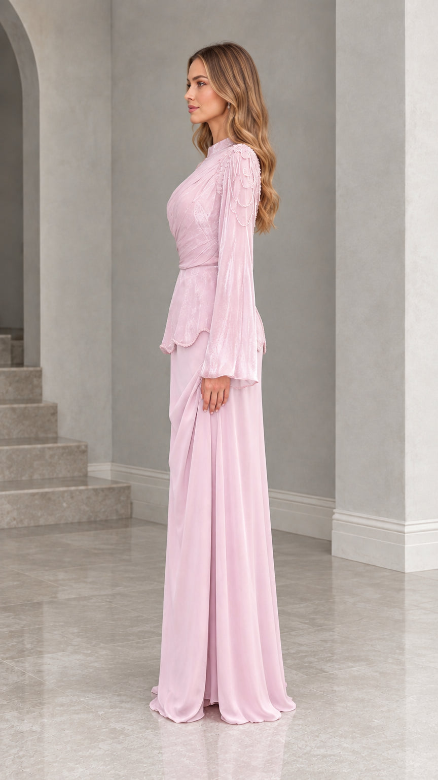 Side view of dusty pink modest floor length formal dress