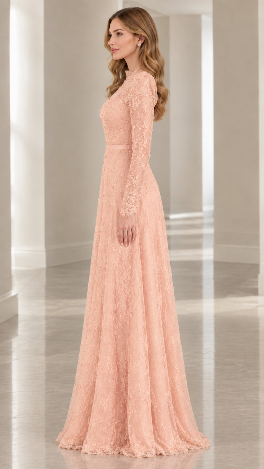 Side profile view of blush pink long sleeve formal lace evening gown