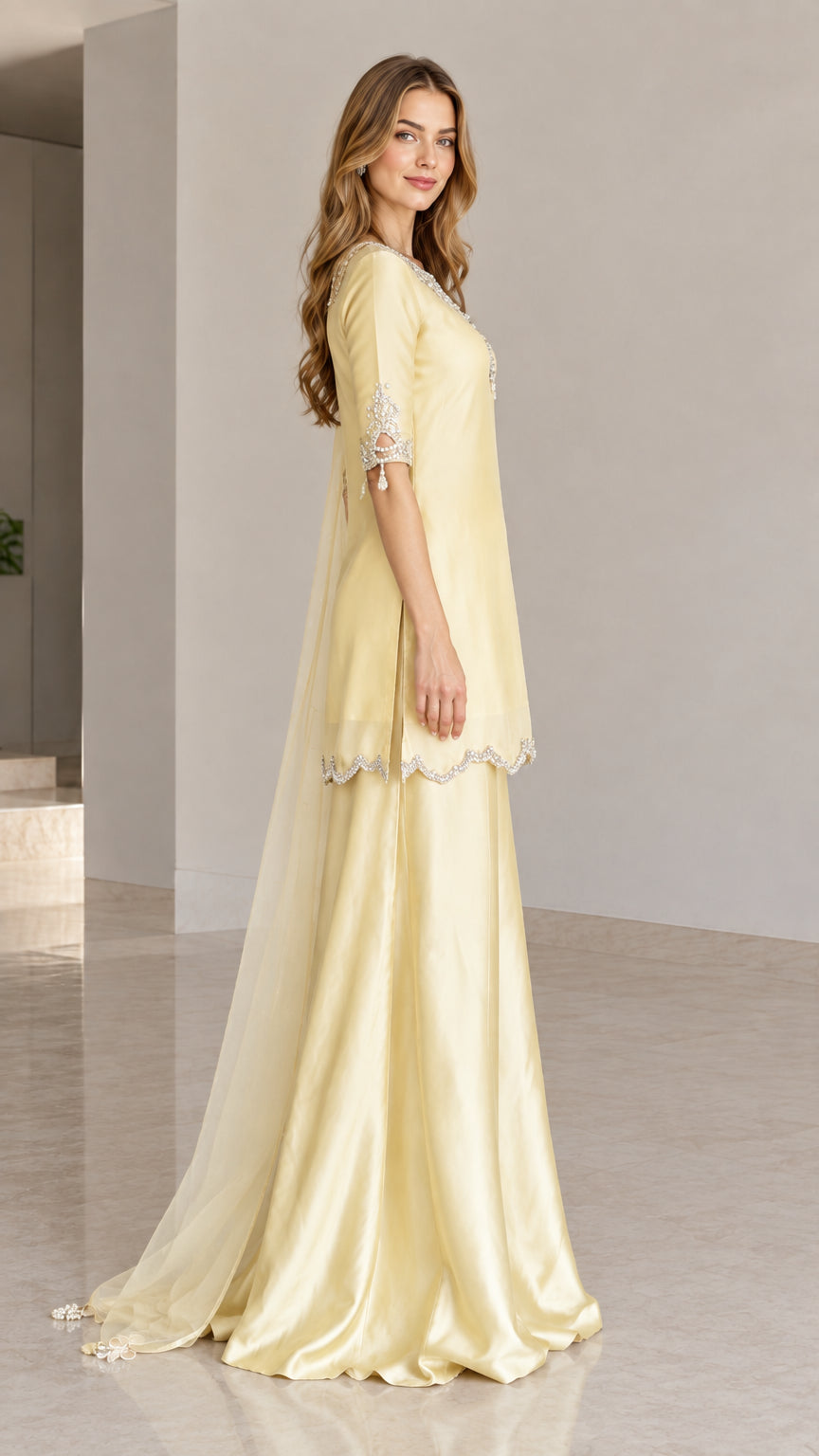 Side angle view of woman wearing lemon yellow festive 3-piece suit set
