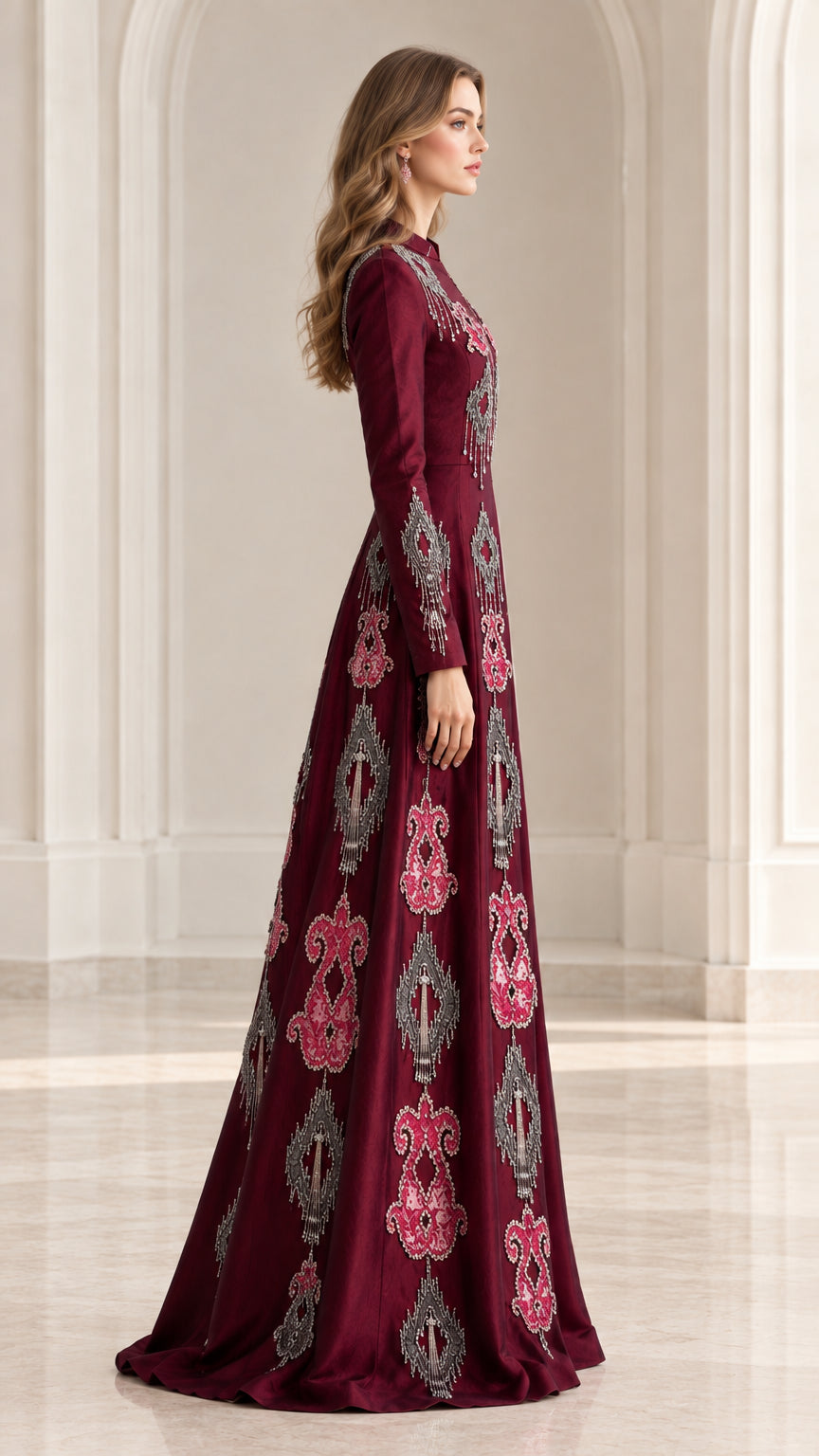 Side profile of woman in burgundy embroidered evening gown