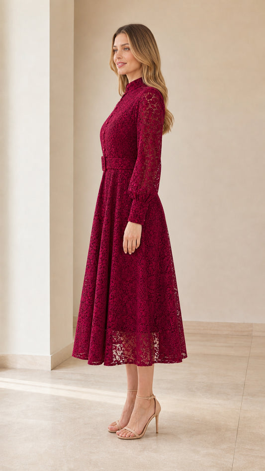 Side profile of Burgundy lace long sleeve A-line midi dress on model