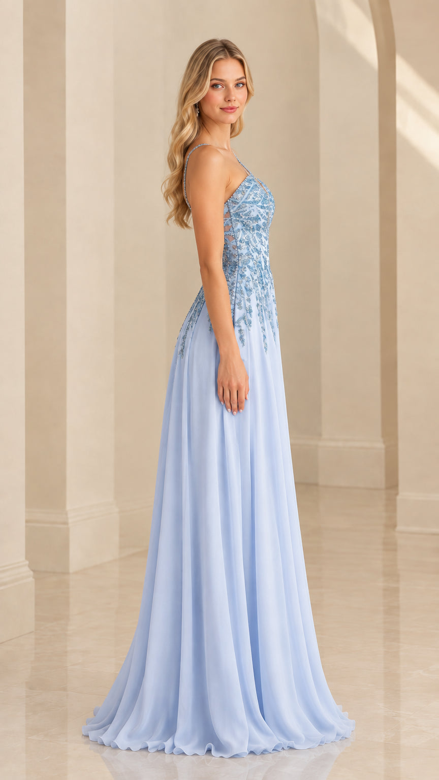 Sky blue one-shoulder chiffon formal dress side profile view