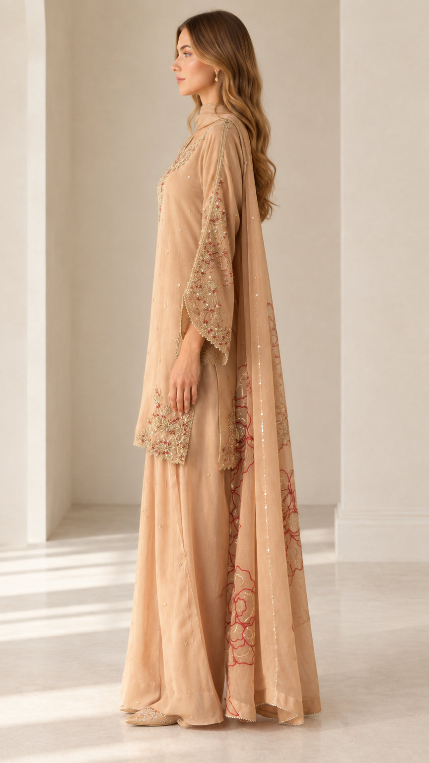 Side profile of champagne ethnic suit set showing sleeve slit and drape