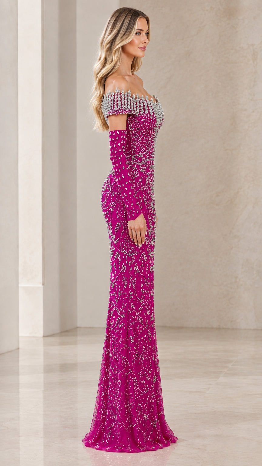 Side profile view of magenta beaded formal gown showing fitted silhouette