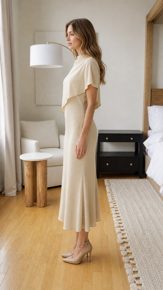 Side profile of model in champagne midi dress