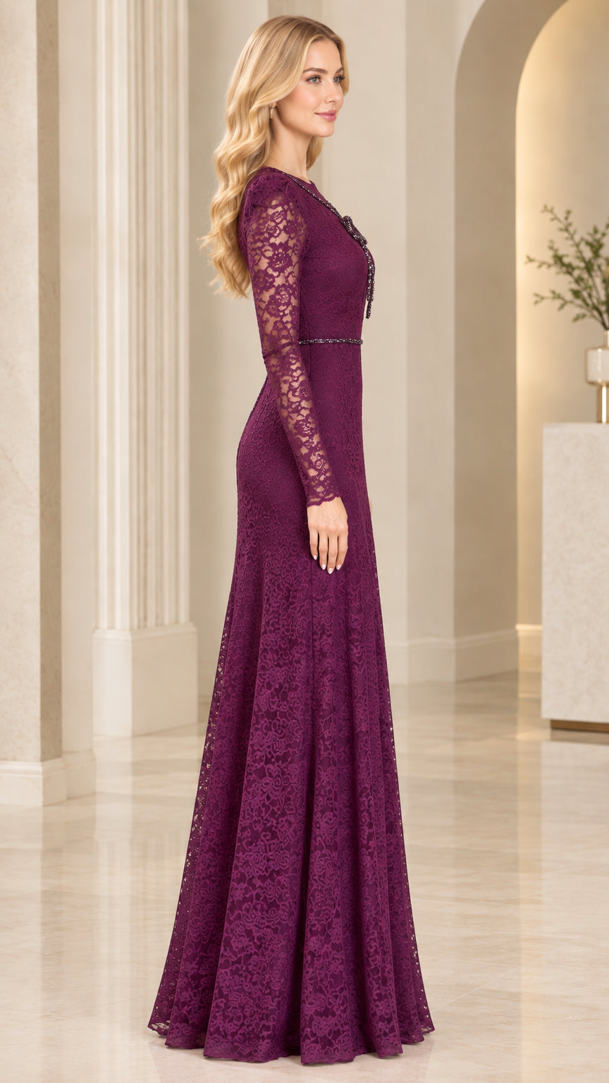 Side profile view of plum lace long sleeve floor-length formal dress