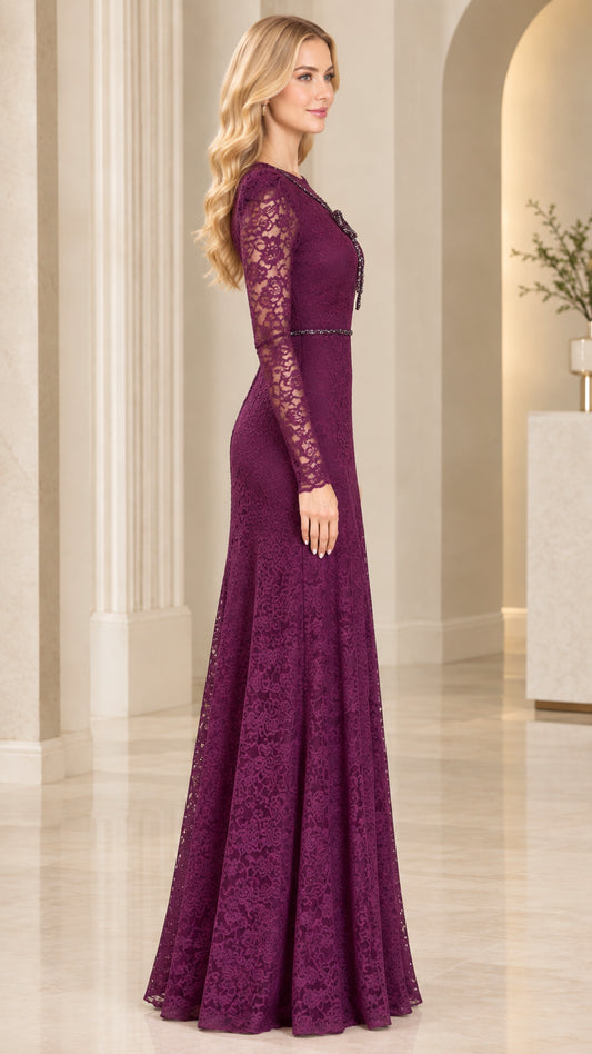 Side profile view of plum lace long sleeve floor-length formal dress
