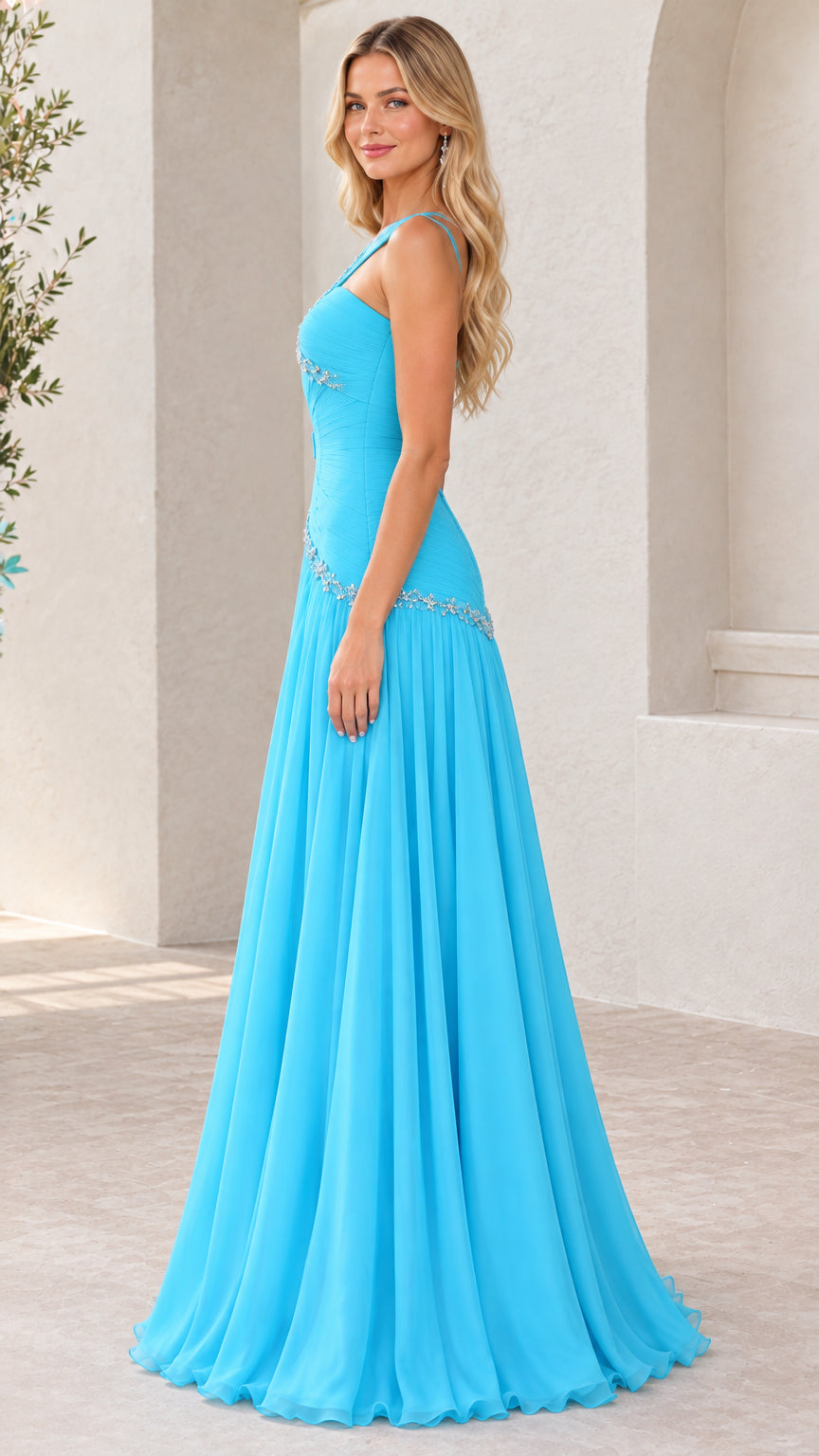 Aqua blue one-shoulder formal dress side profile view