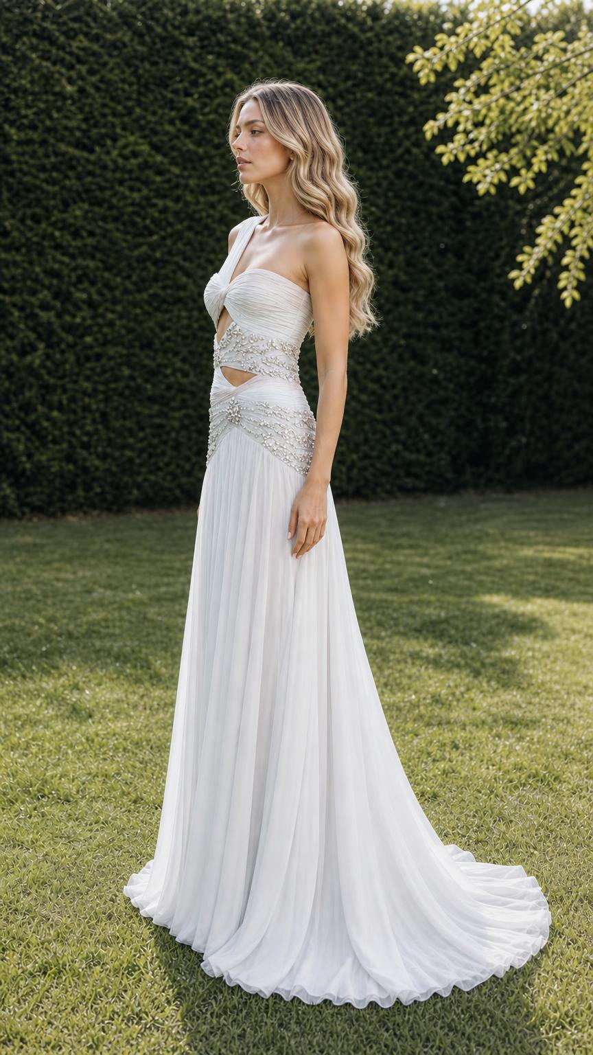 Side profile view of white crystal-embellished evening dress
