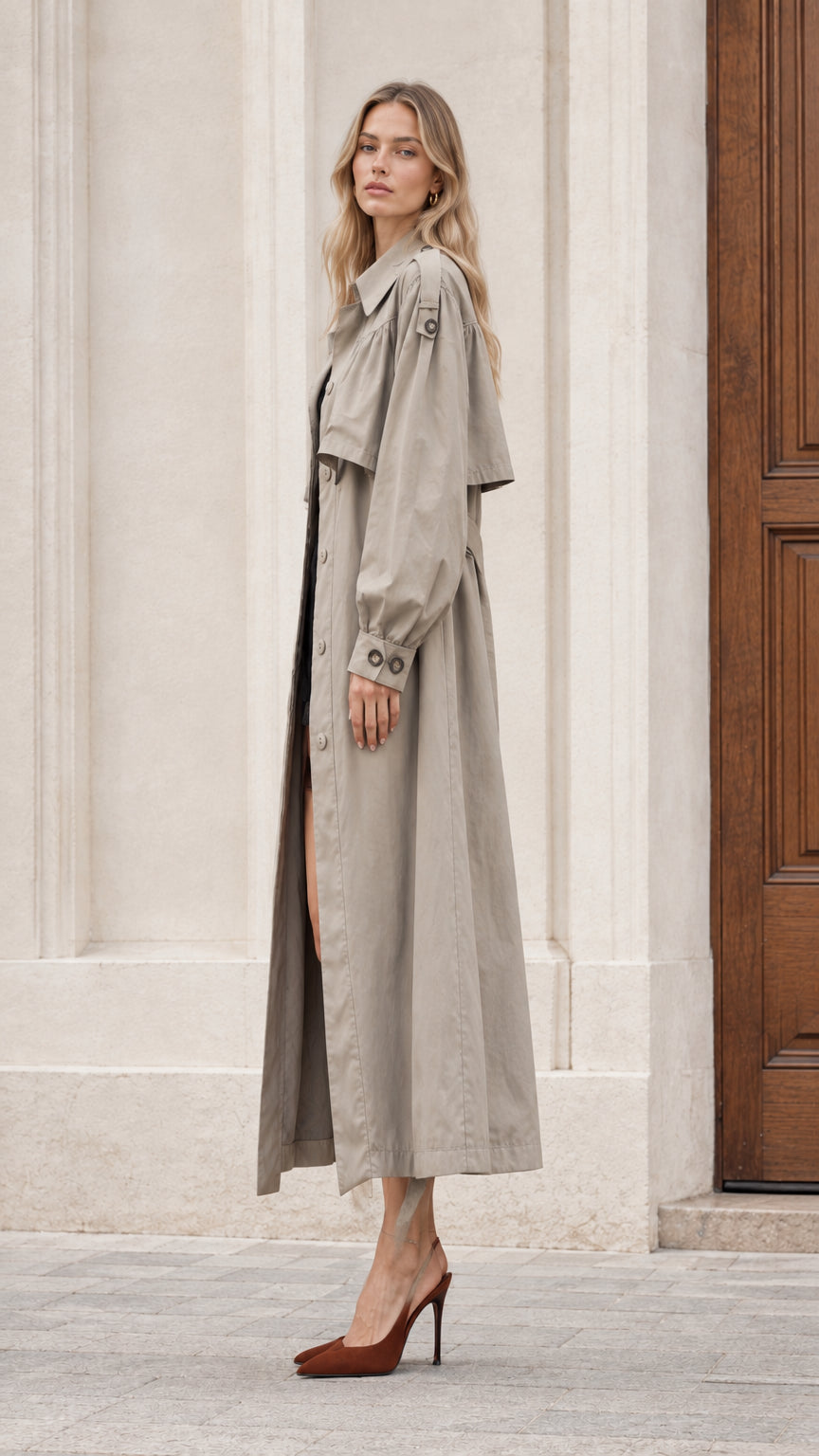 Side profile view of women's grey long trench duster coat