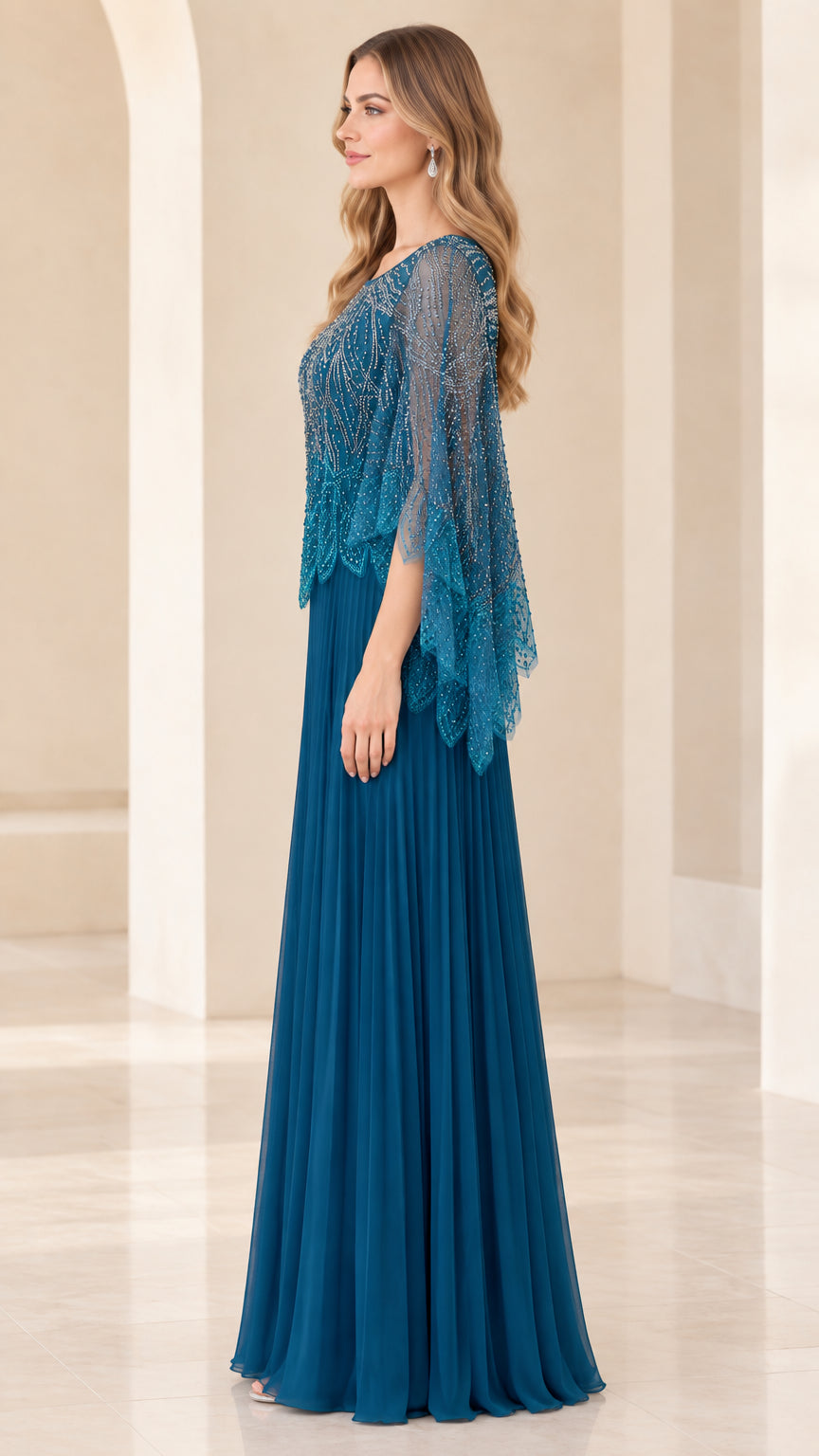 Side view of woman wearing teal blue beaded capelet evening dress