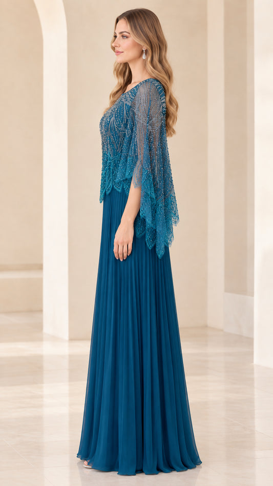 Side view of woman wearing teal blue beaded capelet evening dress
