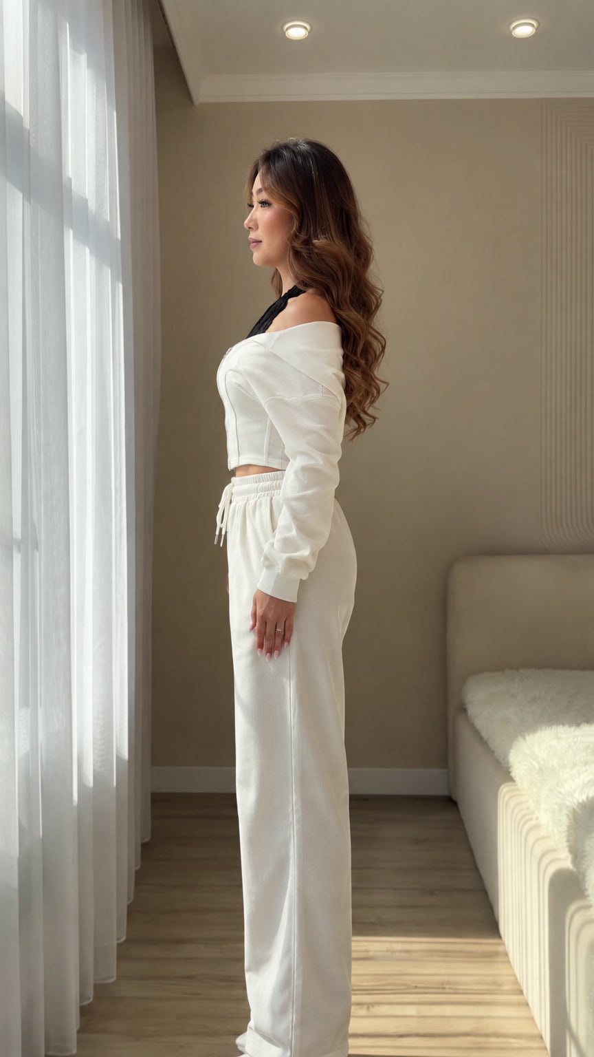 White two-piece hooded lounge set side view on model