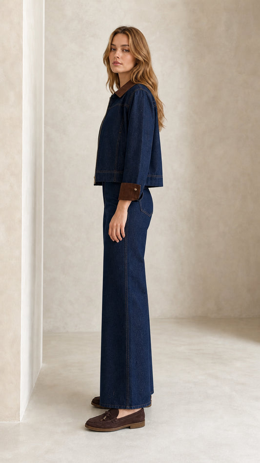 Side profile view of Indigo Blue denim jacket and wide leg pants co-ord set