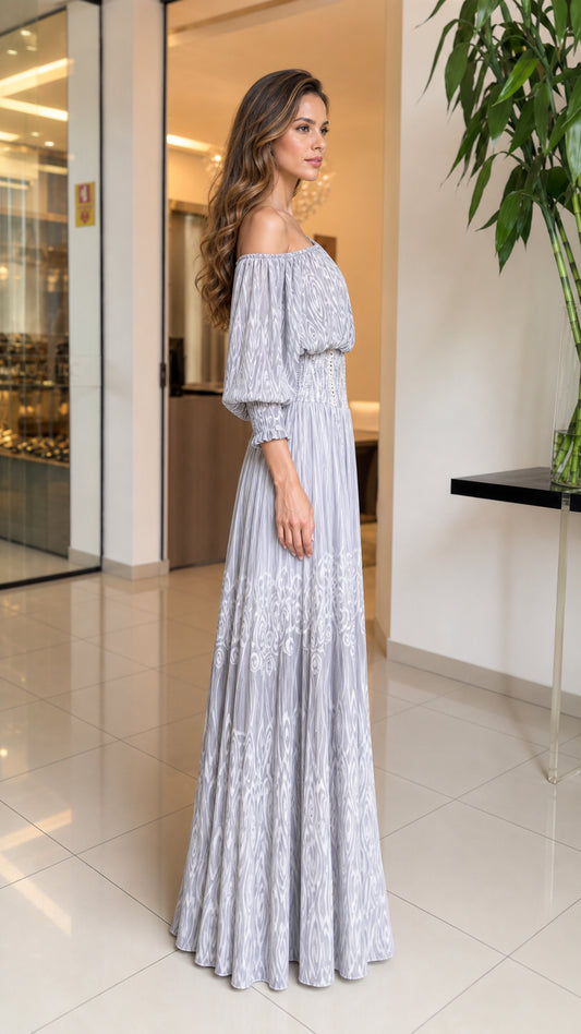 Side profile of Light Grey one-shoulder maxi dress