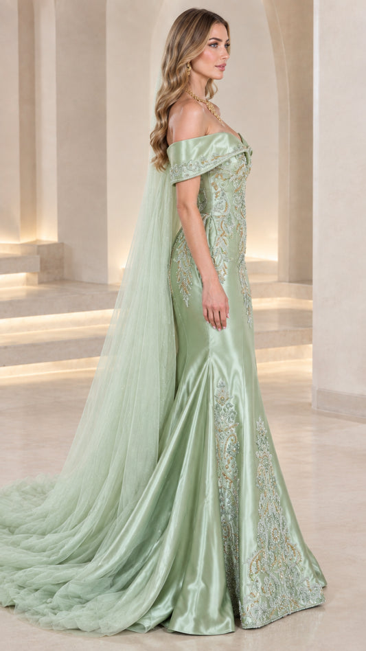 Side angle of model in sage green embroidered evening dress with sweeping train