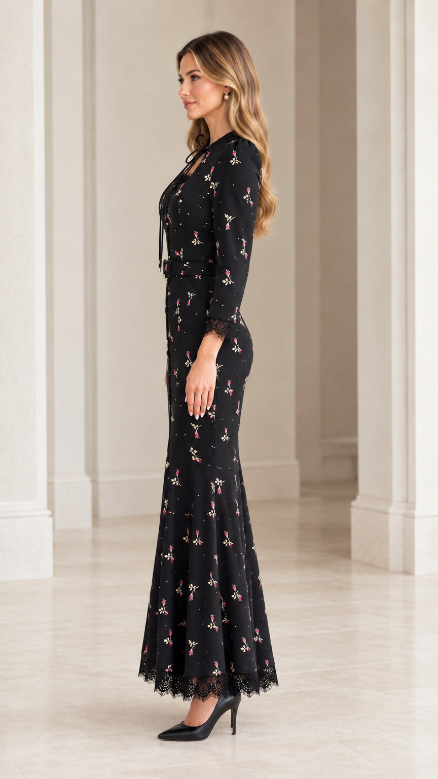 Side profile of woman in black floral mermaid dress showing flattering fitted cut