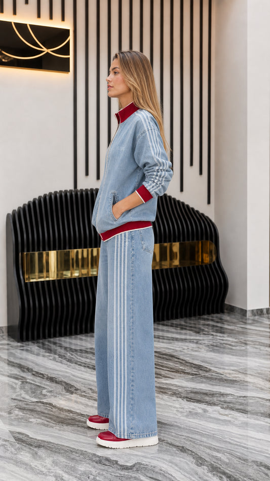 Side profile of model in Light Blue denim set
