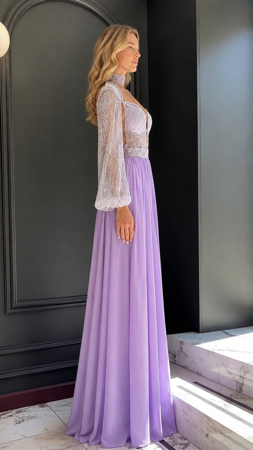 Model wearing lavender beaded evening maxi romper dress side view