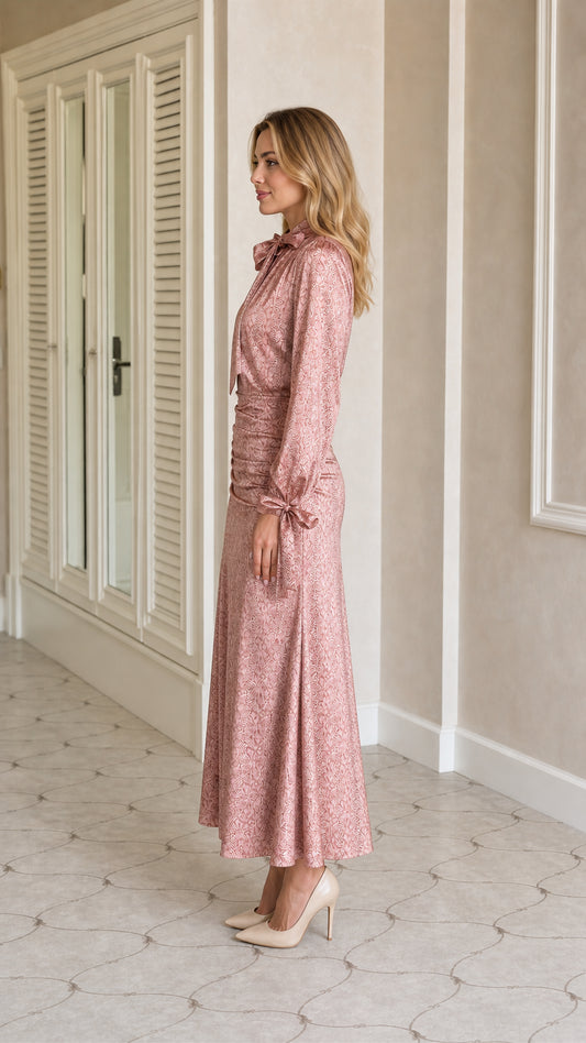 Side view of dusty rose long sleeve satin ruched maxi dress