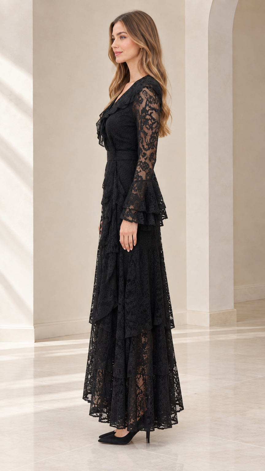 Side profile view of black floral lace long sleeve evening gown