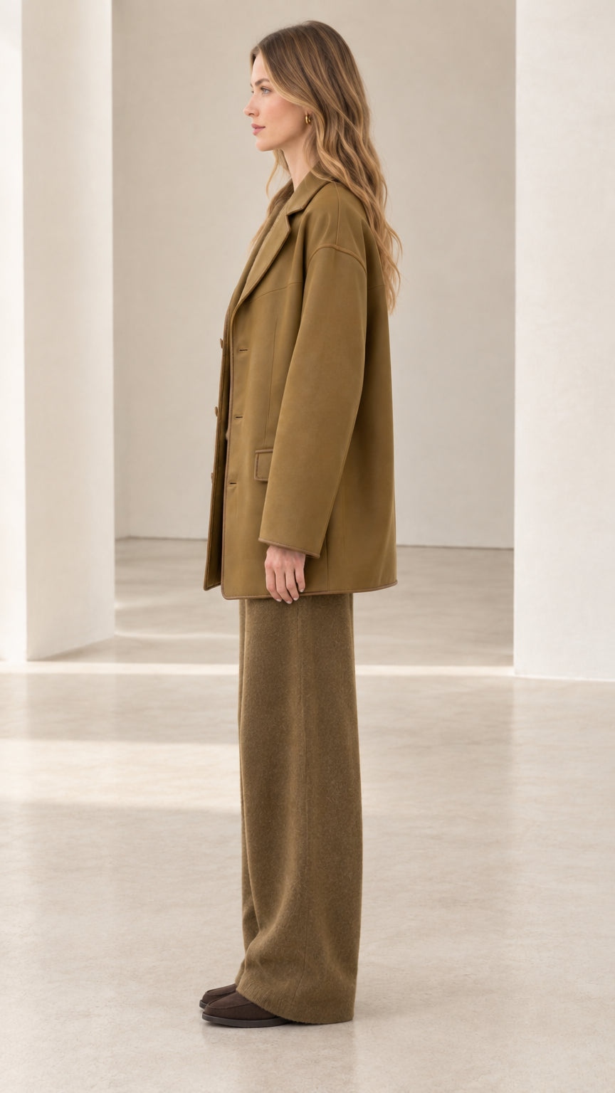 Side profile view of women wearing camel brown 3-piece matching set