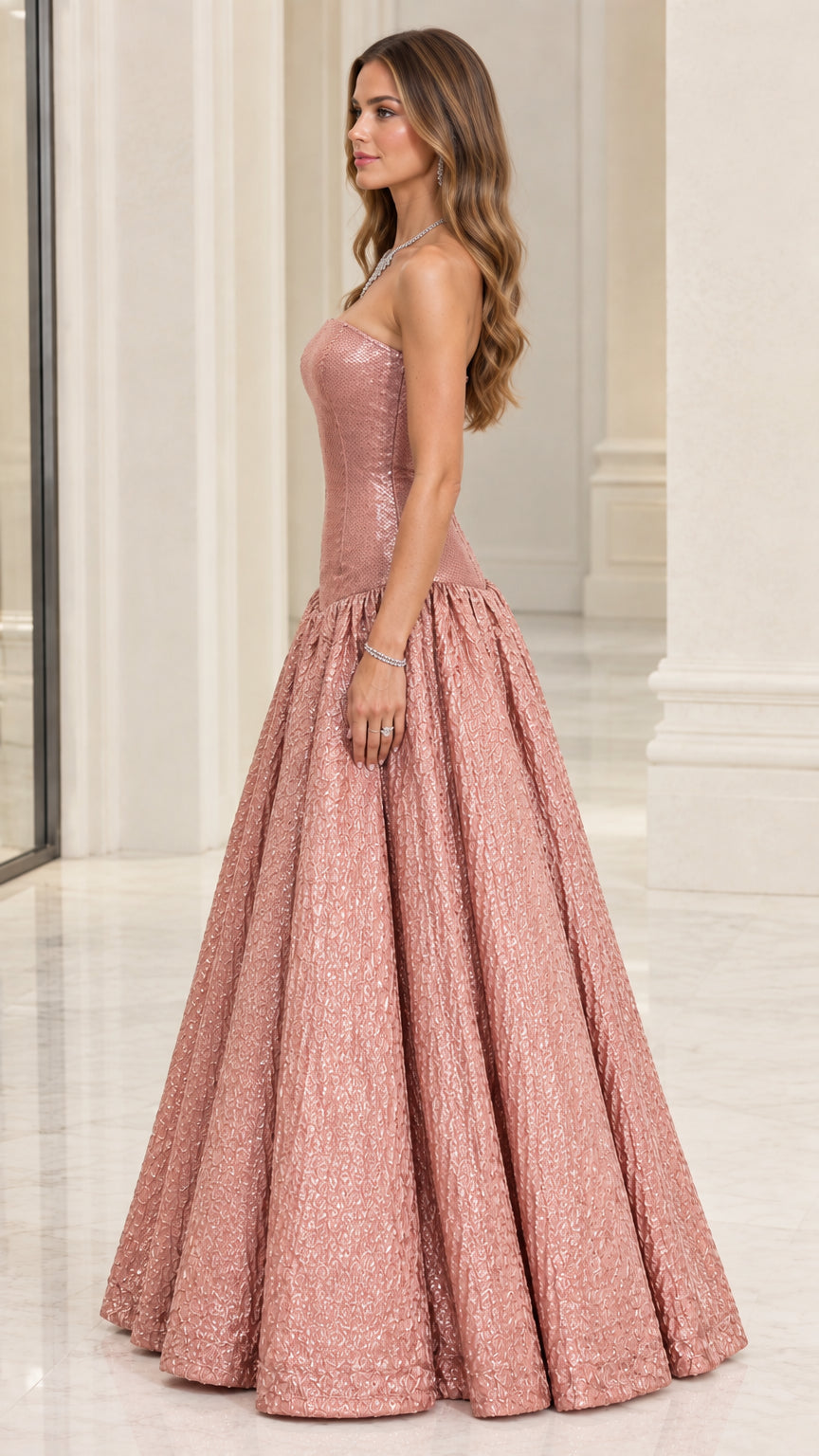 Side profile view of model wearing Rose Gold metallic drop-waist formal gown