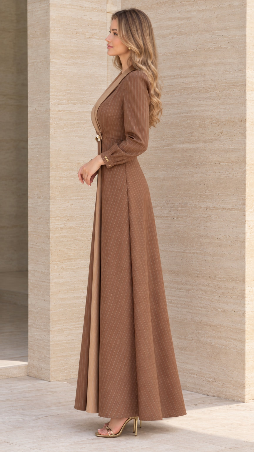 Side profile view of brown tailored pinstripe maxi dress with long sleeves
