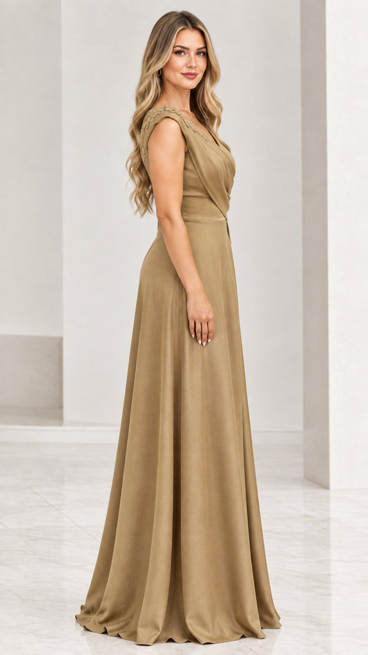 Side profile of woman wearing gold sleeveless A-line formal maxi dress