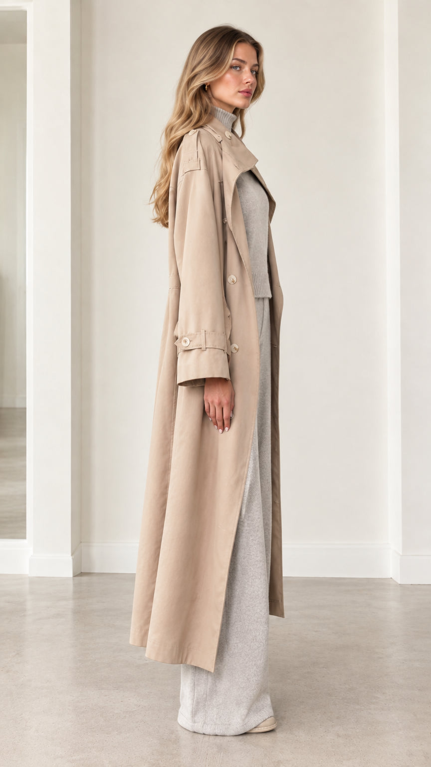 Side view of woman wearing beige longline duster coat