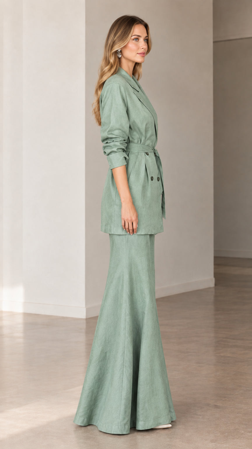Side profile view of sage green tailored blazer and flared maxi skirt ensemble