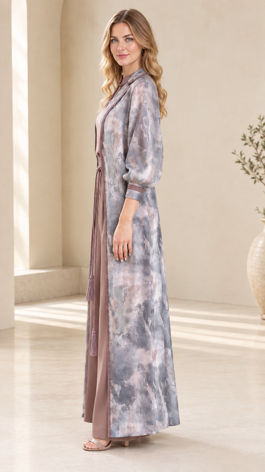 Side profile view of dusty mauve 3-piece printed duster pant set