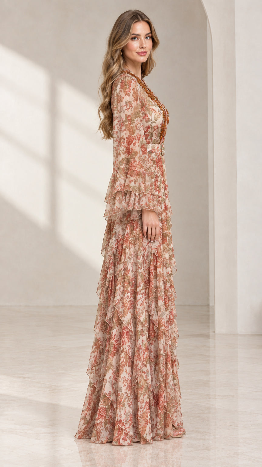 Side profile view of blush floral chiffon maxi gown with tiered bell sleeves