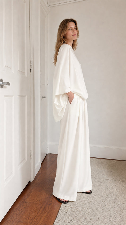 Model posing in white lounge set showing side profile
