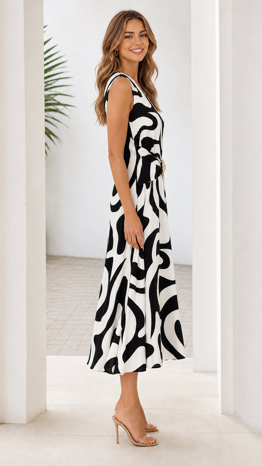 Side profile view of black and white abstract print midi dress