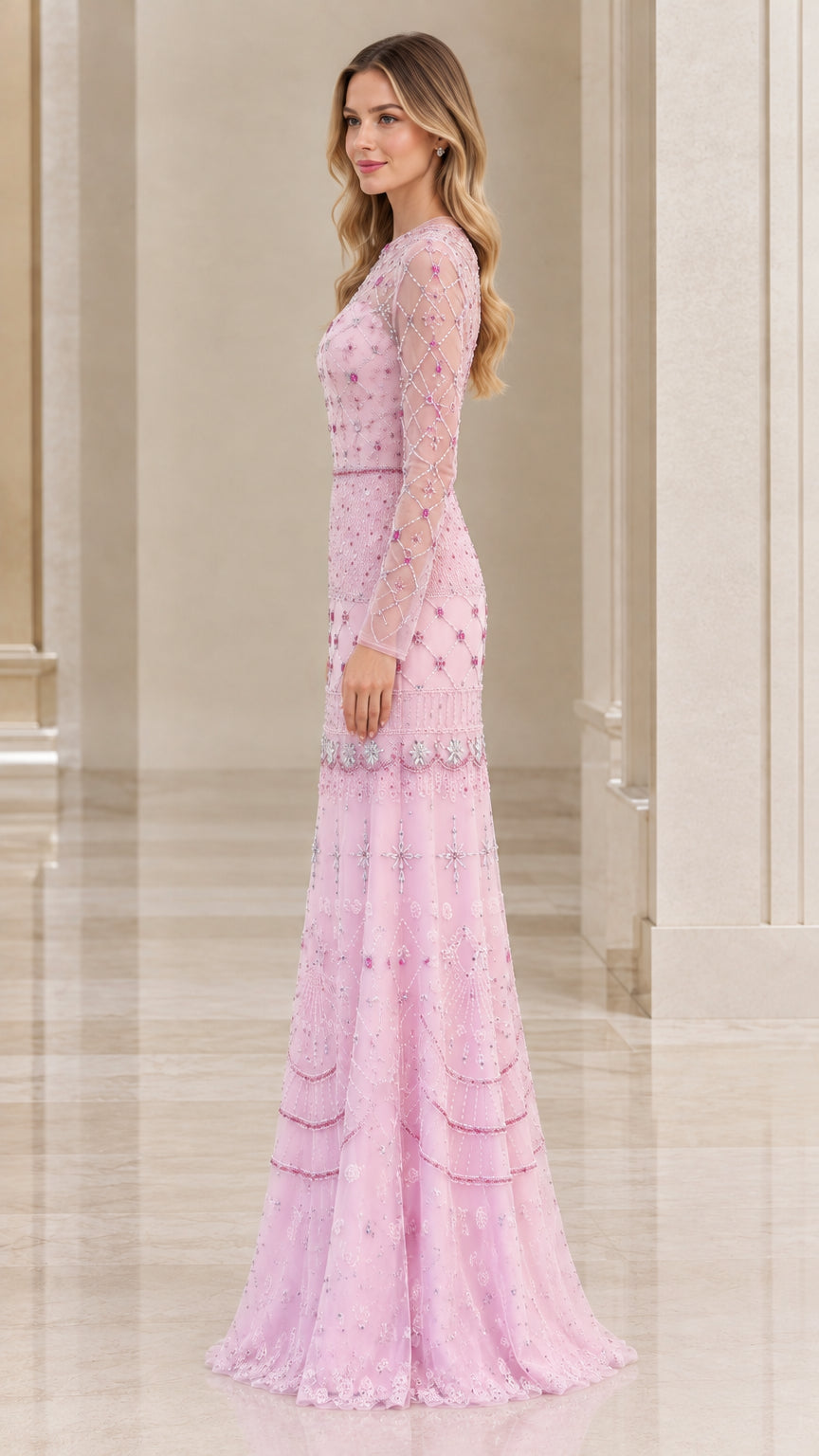 Side profile view of woman wearing blush pink embellished floor-length maxi dress