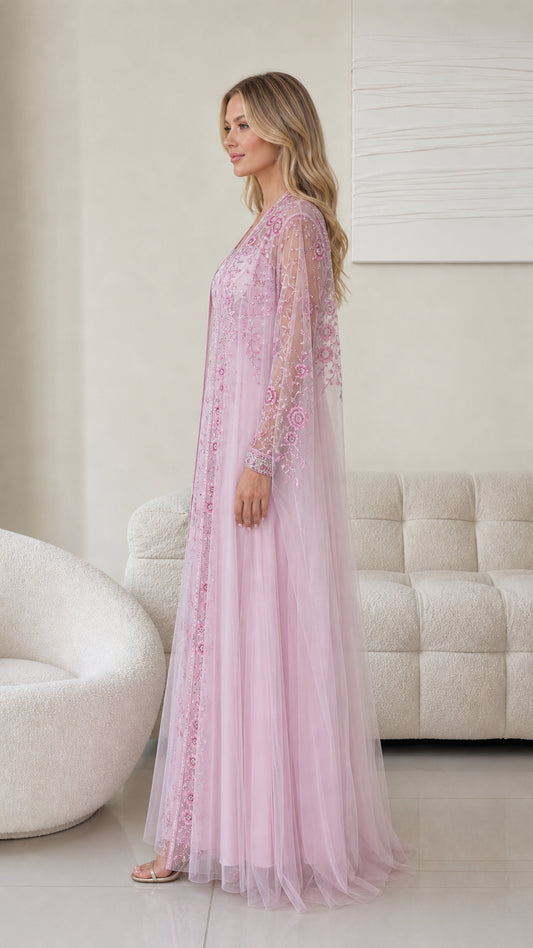 Side profile of pink evening dress set