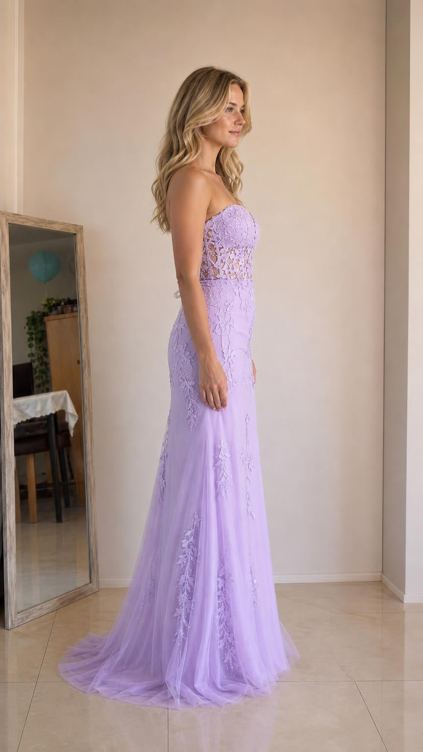 Side profile of lavender strapless evening gown
