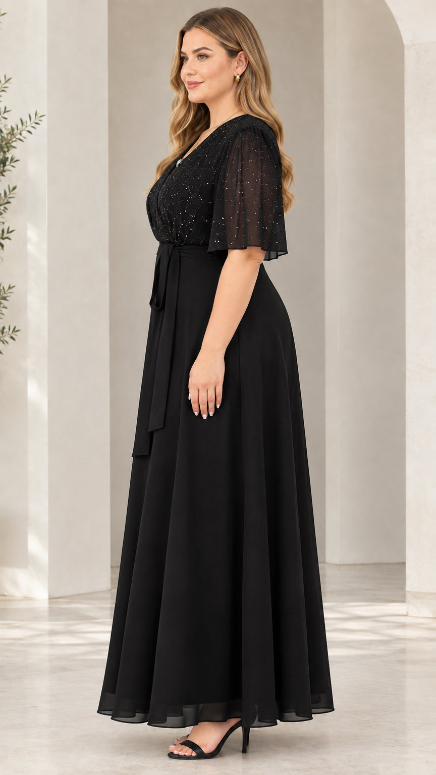 Side 3/4 view of model in black flutter sleeve A-line formal maxi gown