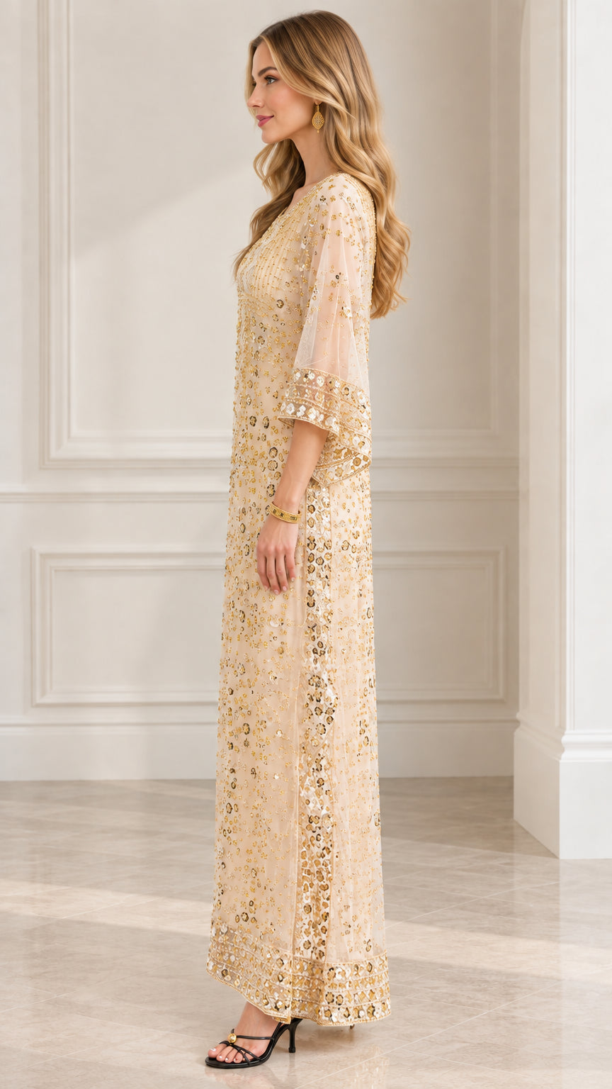 Side profile view of Champagne embellished column evening gown with bell sleeves