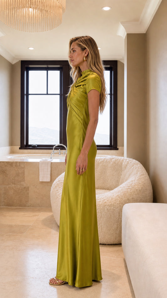 Olive green satin maxi gown side profile view