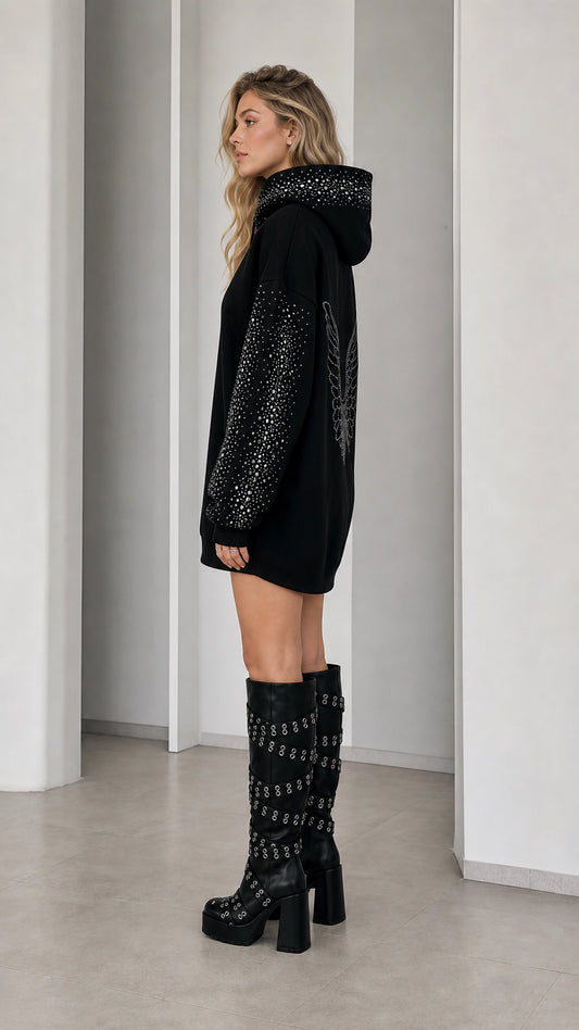 Side profile view of Black rhinestone oversized hoodie dress