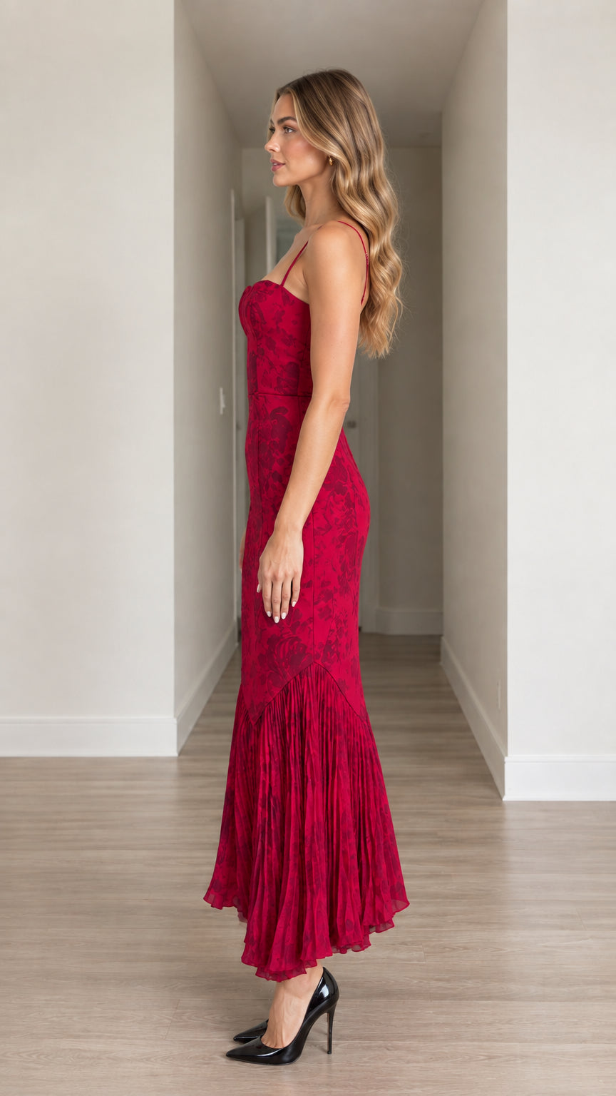 Side view of model wearing Red Floral Jacquard Pleated Mermaid Hem Midi Dress