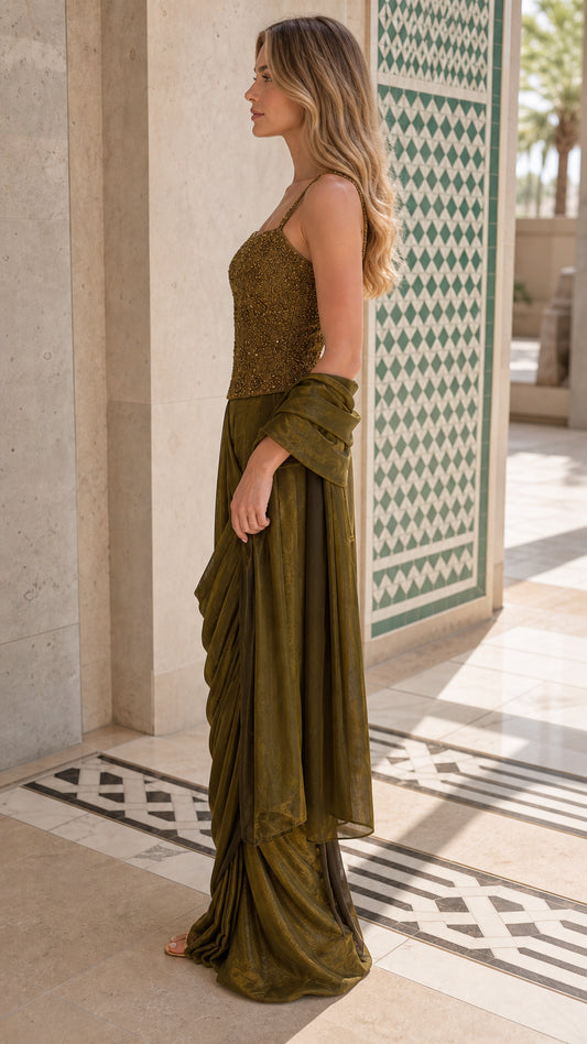 Side profile view of olive fusion saree gown